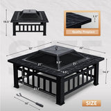Multifunctional Patio Fire Pit Table, 32in Square Metal BBQ Firepit Stove Backyard Garden Fireplace with Spark Screen Lid and Rain Cover for Camping - Image 7