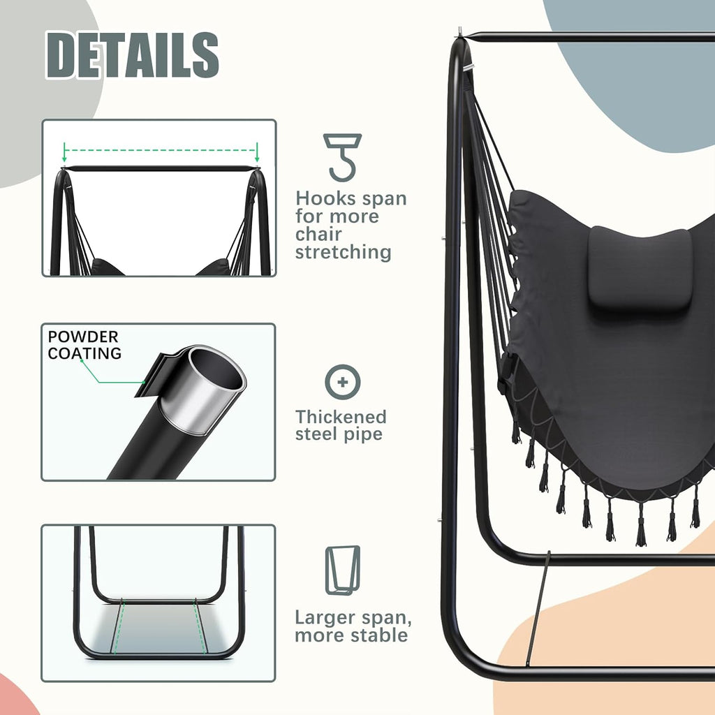 Hammock Chair with Stand, Heavy Duty A-Frame | Beam Design, Square Support Base, Rustproof Swing Stand with Chiar for