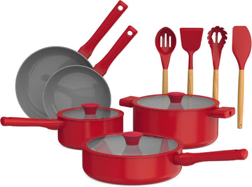 By bella 12 Piece Cookware Set w EverGoodTM Ceramic Nonstick Coating and Silicone & Wood Utensils, Dishwasher Safe