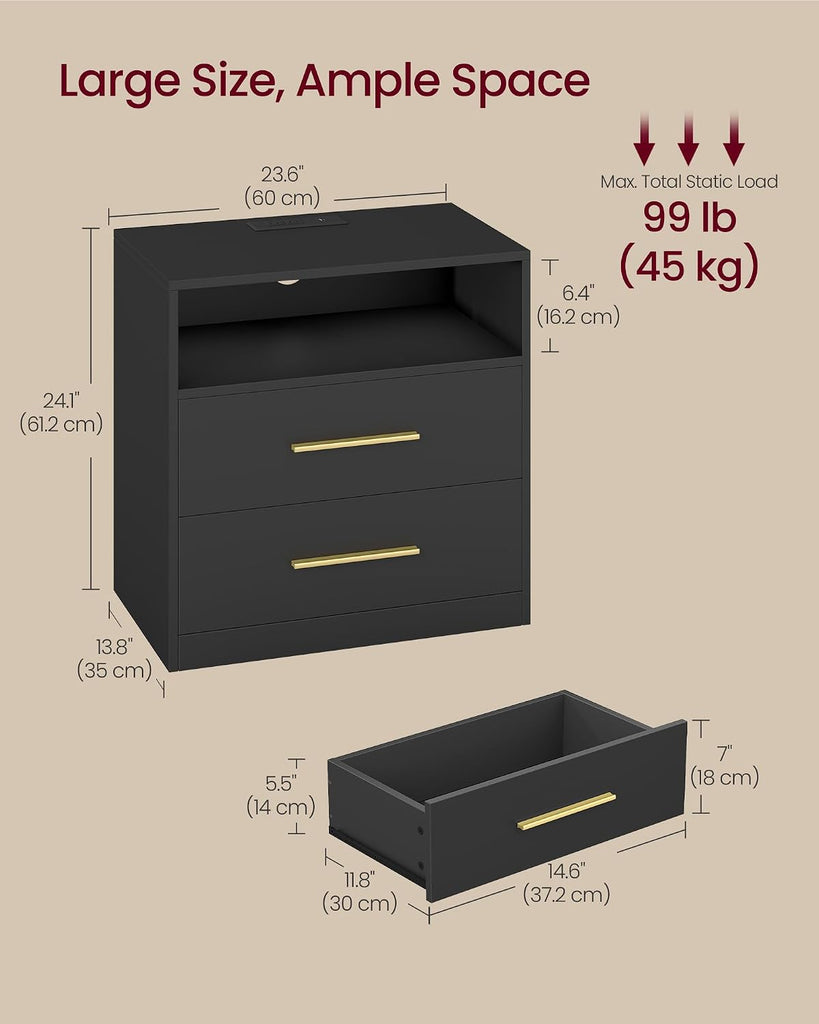 Custos Collection - Set of 2, 23.6 Inch Wide Nightstands with Charging Station, LED Lights, Modern Night Stands, Side
