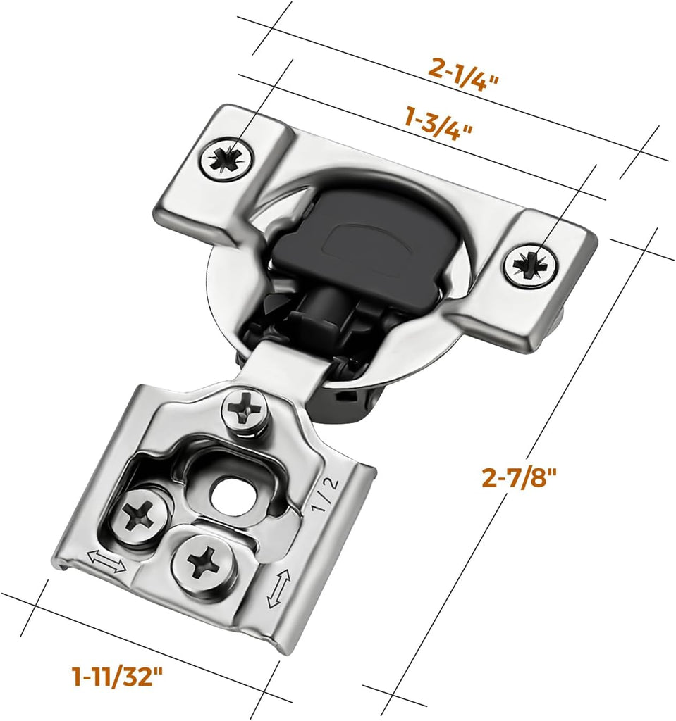 50 Pack 25 Pair 1/2 inch Overlay Soft Close Kitchen Cabinet Hinges Stainless Steel Adjustable Kitchen Hinges Satin