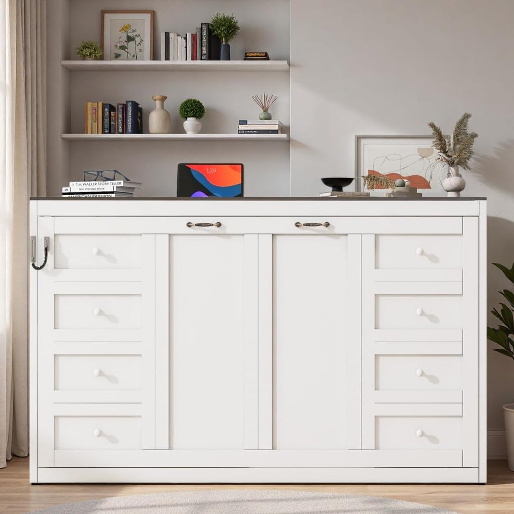 Twin Murphy Bed Cabinet, Space-Saving Foldable Wall Bed with LED Lights, Wooden Horizontal Murphy Bed Frame for