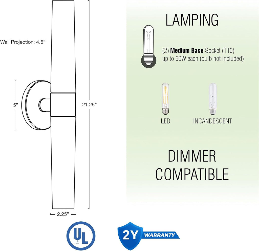 Duo 21" Modern Wall Sconce Bathroom Vanity Light, 2-Light | Frosted Glass Cylinder Shades, Classic Brushed Nickel