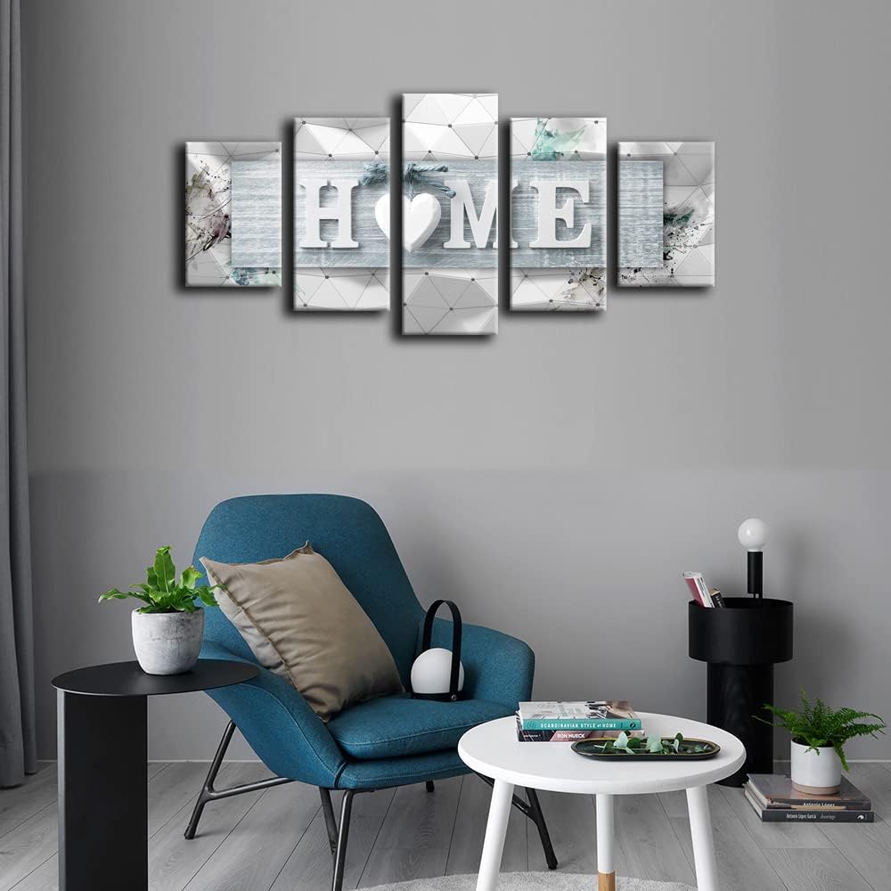 Home Love Wall Art Canvas Blue and White 5 Panels Framed Painting Decoration Modern Still Life Love Stretched Artwork