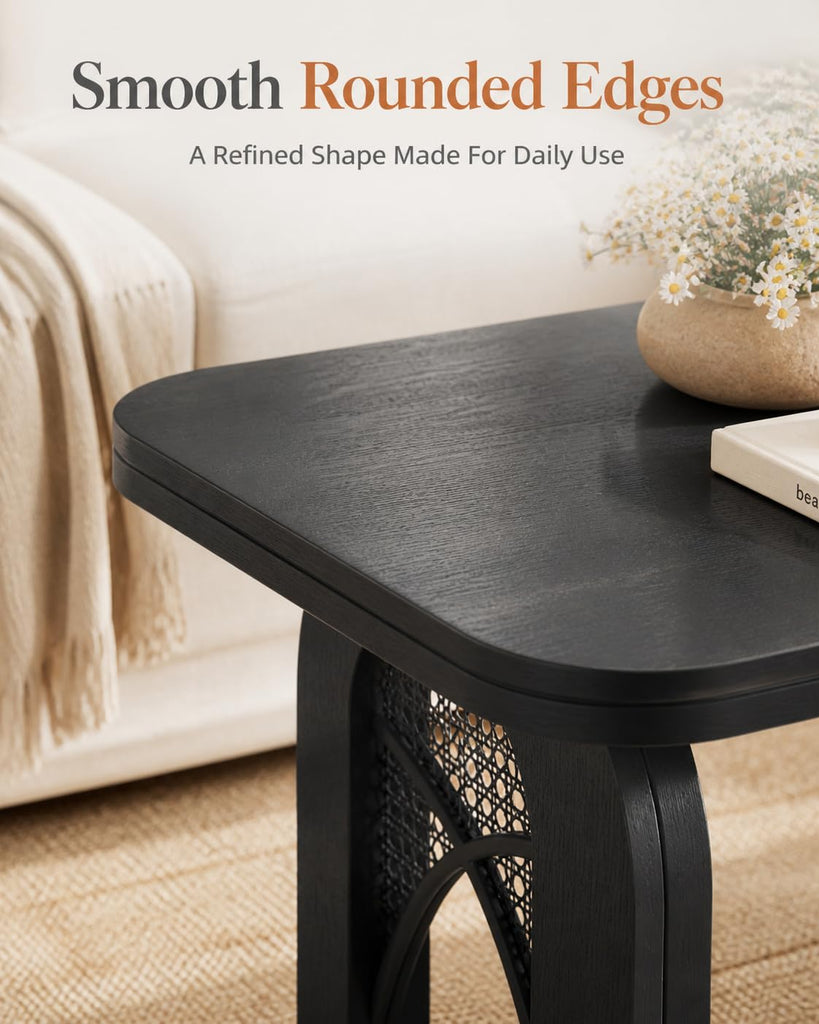 Boho Coffee Table, 39" Rattan Coffee Table with Arched Cane Legs, Mid Century Modern Rectangle Wood Center Table for