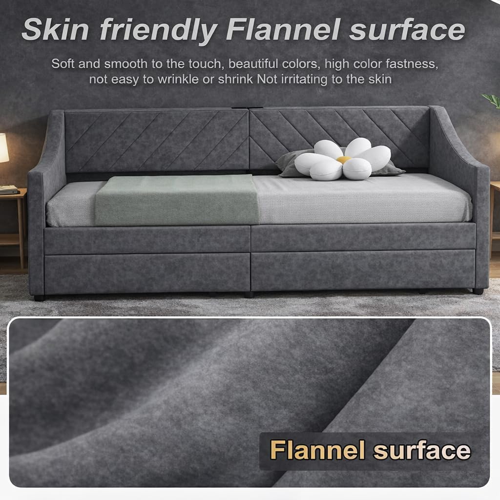 Upholstered Twin Size Daybed with Two Storage Drawers, Twin Leatherair Sofa Bed Daybed with Wood Slat Support,No Box
