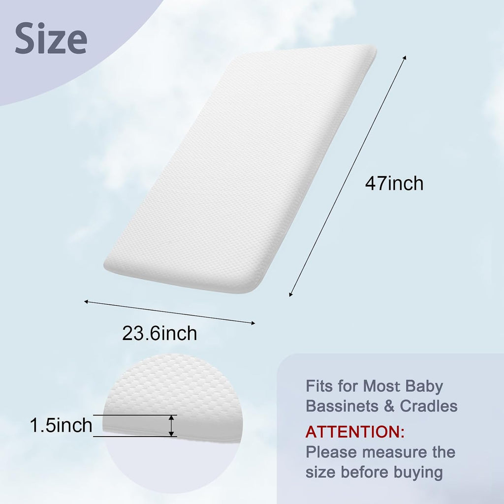 Baby Bassinet Mattress, 47 x 23.6 Dual Sided Gel Memory Foam Mattress with Waterproof, Removable Ice Silk