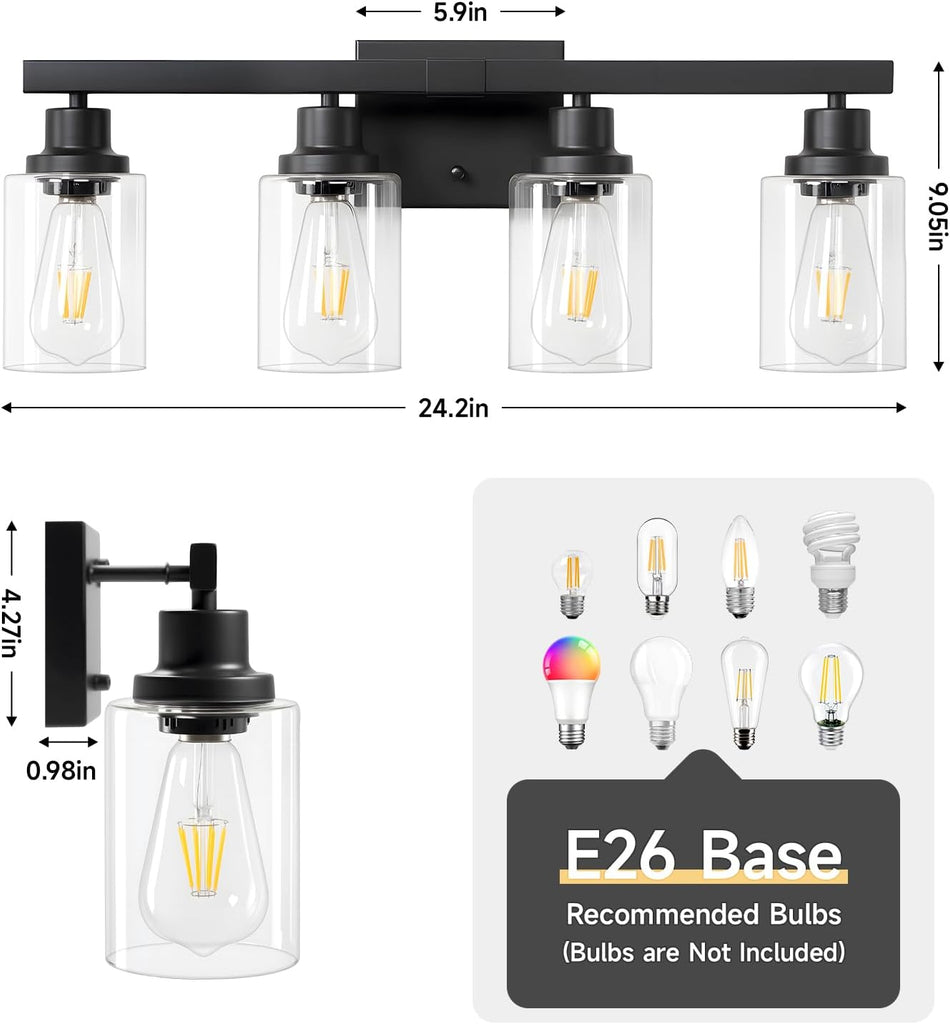 4-Light Bathroom Vanity Light, Modern Matte Black Wall Sconce Lighting with Clear Glass Shade, Bathroom Lighting