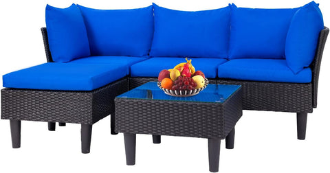 5 Pieces Patio Furniture Sets Outdoor Sectional Sofa Wicker Chair Rattan Conversation Set for Outdoor Backyard Porch Poolside Balcony Garden Furniture with Coffee Table,Blue Cushion A106-B0BDKS94R2