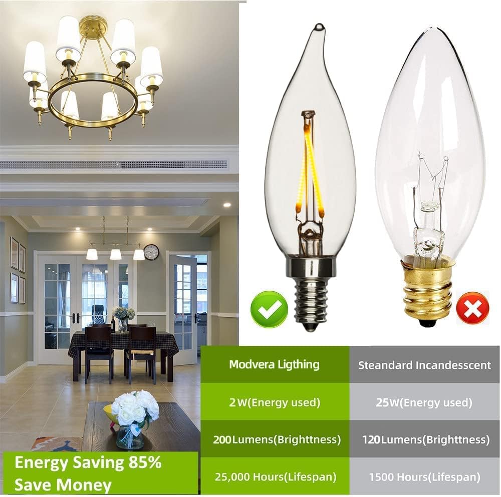25W Equal LED Candelabra Bulb Bent Tip 2 Watts Warm White 2700K E12 Base Filament Style Chandelier Bulb. UL Listed (6 Pack)