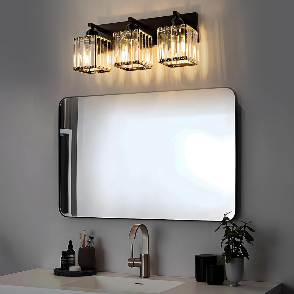 Black Bathroom Vanity Light 3 Lights, Crystal Bathroom Wall Light Fixtures Modern Vanity Light Over Mirror (Exclude