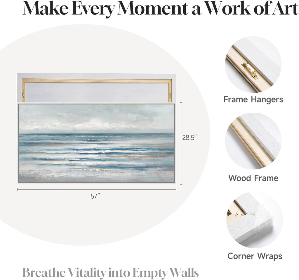 Large Framed Coastal Abstract Landscape Wall Art , Horizontal Beach Wave Scenic Canvas Artwork for Walls, Ocean