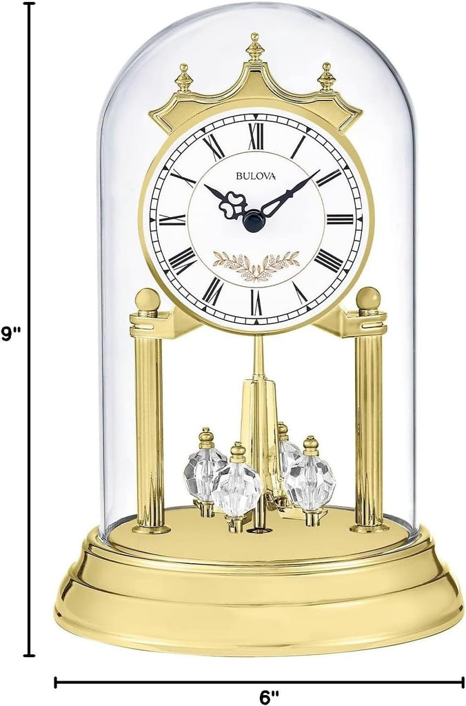 Bulova B8821 Heather Anniversary Clock - 9" Glass Dome Design - Rotating Crystal Pendulum - Westminster Chime - Engraving Plate
