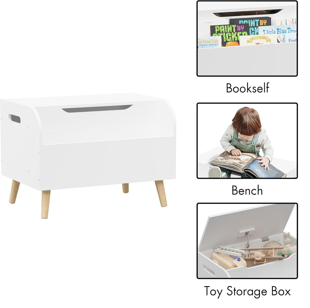 Large Toy Box Storage with 4 Wood Legs, Kids Toy Organizer with Front Bookshelf, Flip-Top Lid, Safety Hinge, Wooden
