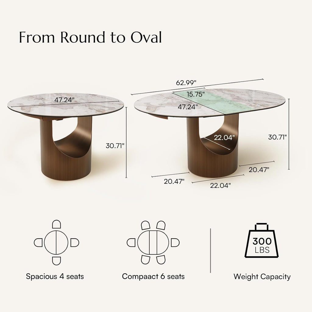 Modern Extendable Dining Table for 4-6, 47" to 63" Round to Oval Sintered Stone Kitchen Table with Carbon Steel Base