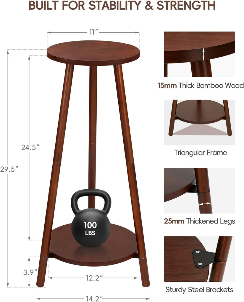 2 Tier Round 12 inch Bamboo Plant Stand Indoor Outdoor,Wood Flower Stand | Mid Century Corner Plant Pot Holder