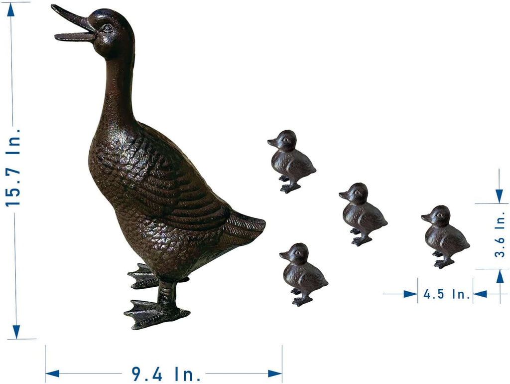 Vintage Cast Iron Duck Family Garden Statue, Rust Brown Mother Duck (15.7" Tall) with 4 Ducklings (3.6" Tall)