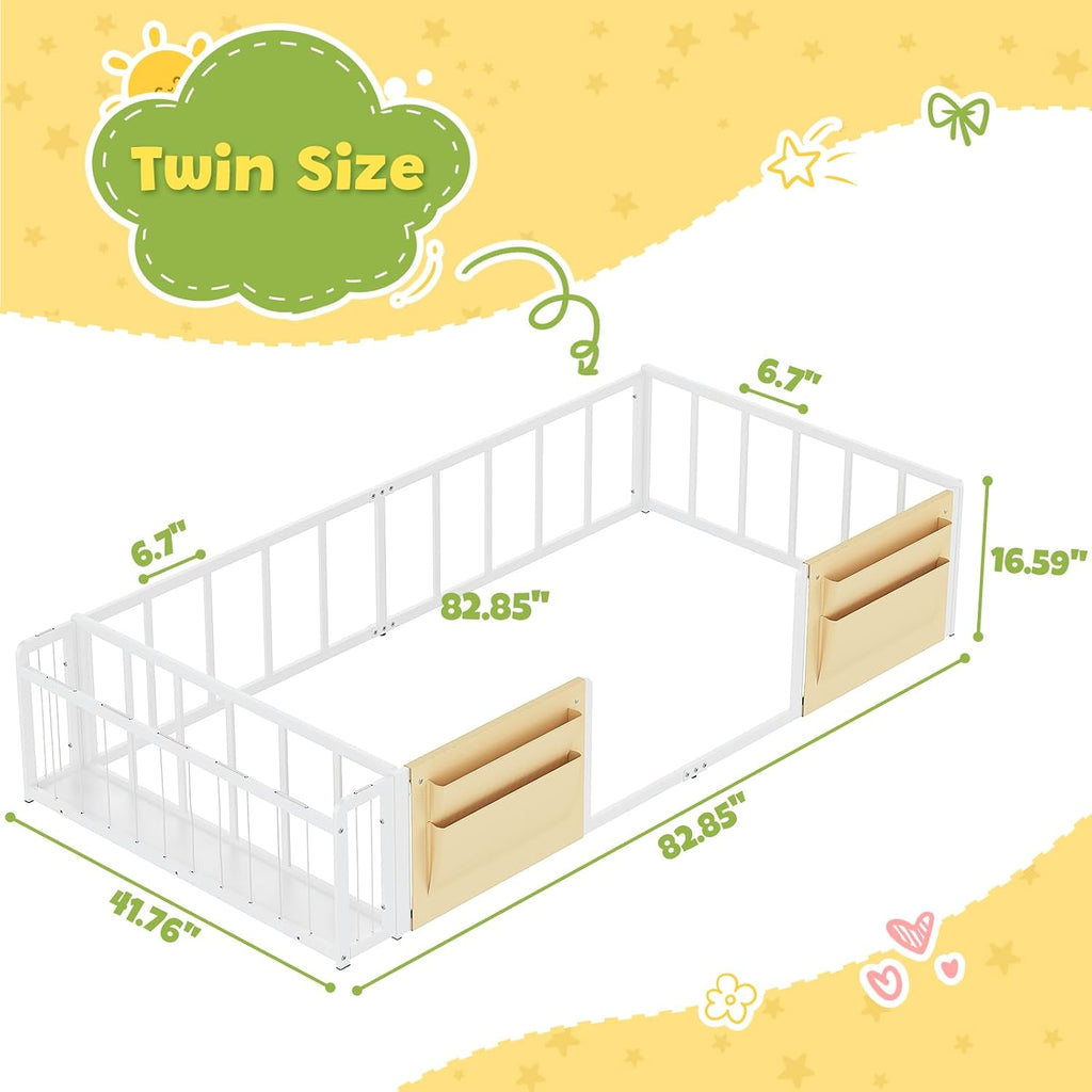 Montessori Twin Floor Bed with Stuffed Animal Storage and Caddy | Boys and Girls,Rail Fence,Metal Frame,No Box Spring