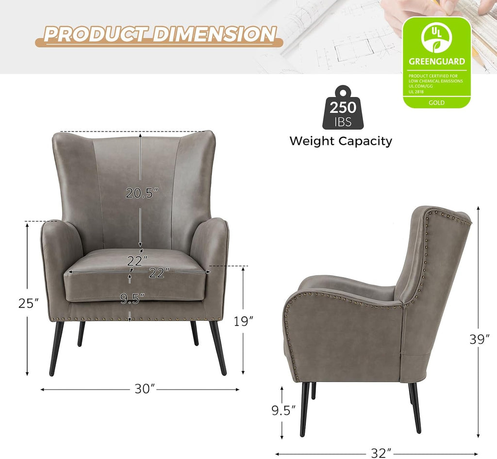 Faux Leather Accent Chair, Grey | Wingback design with removable cushion, nailhead trim, and metal legs , reading