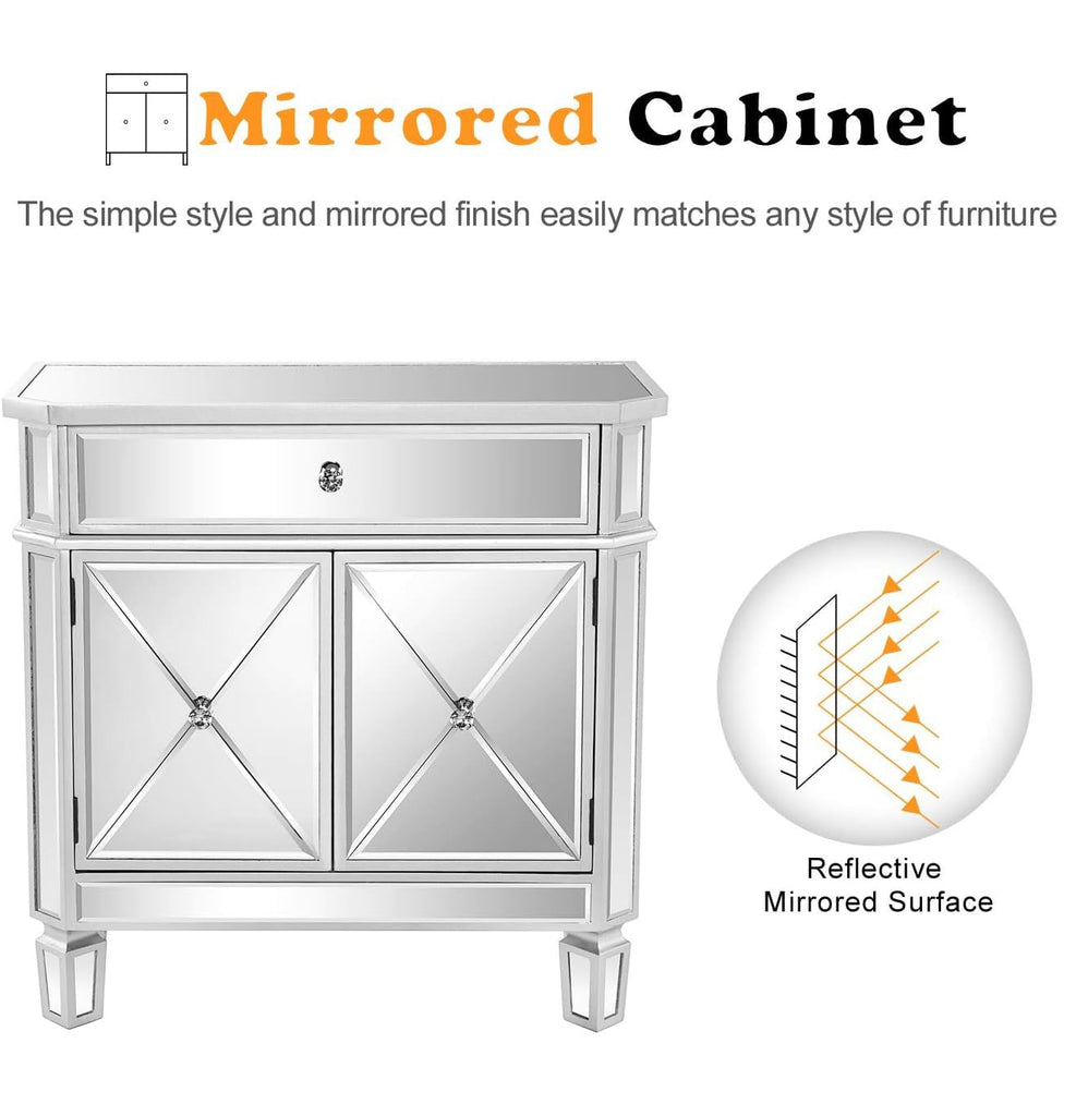 Mirrored Cabinet, Mirrored Nightstand, Mirrored Dresser Accent Chest, Large Mirror Nightstand with 1 Drawer and Two