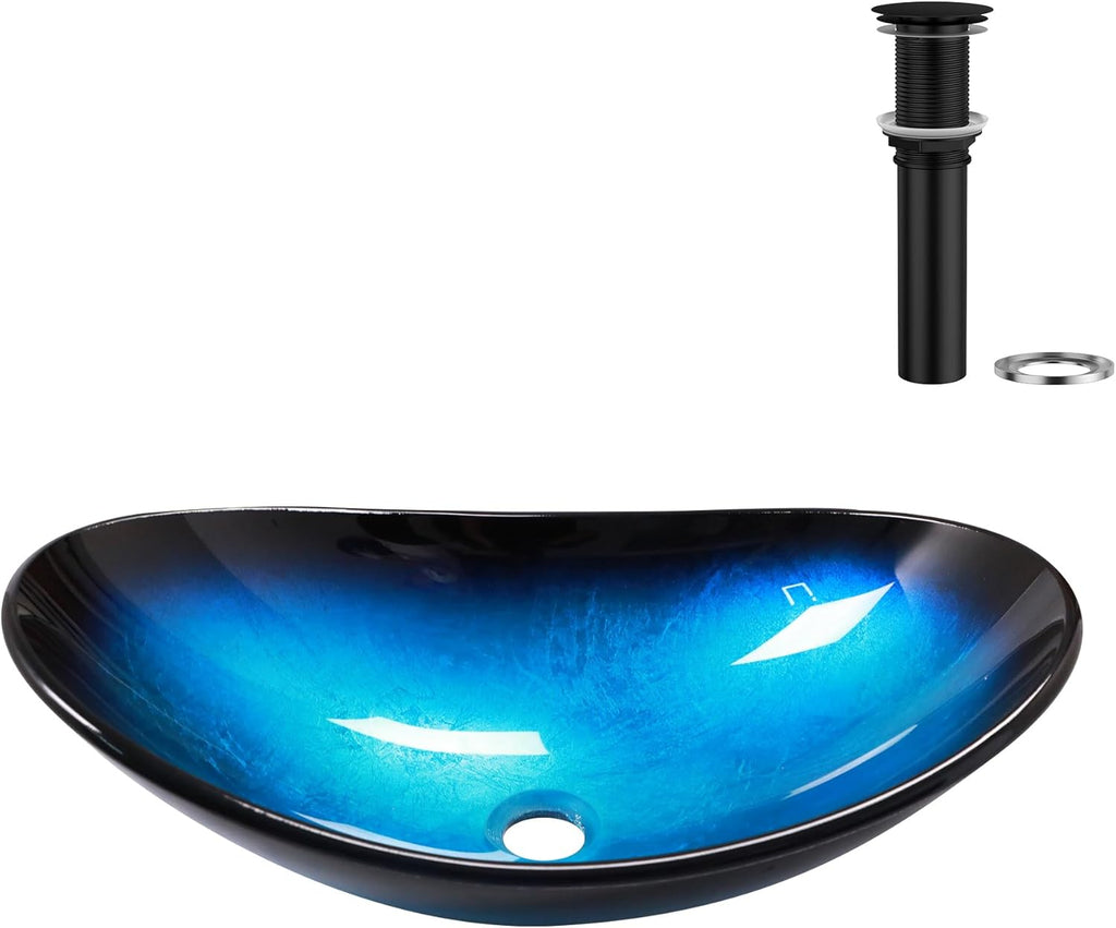 21" Glass Bathroom Vessel Sink with Pop up Drain Set,Countertop Oval Bowl Tempered Glass Art Basin,Shallow