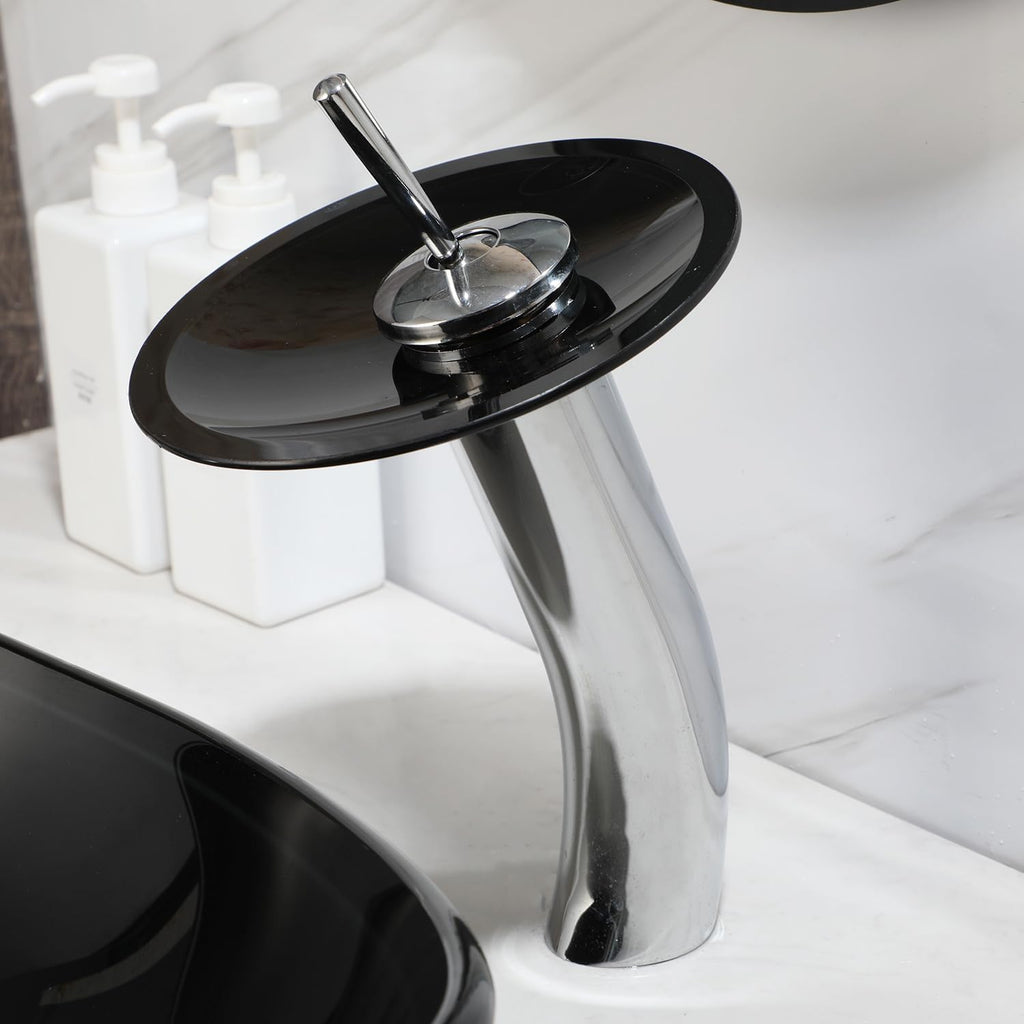 Black Oval Bathroom Vessel Sink Tempered Glass Washing Bowl Combo Above Counter Chrome Waterfall Faucet Pop Up Drain Set
