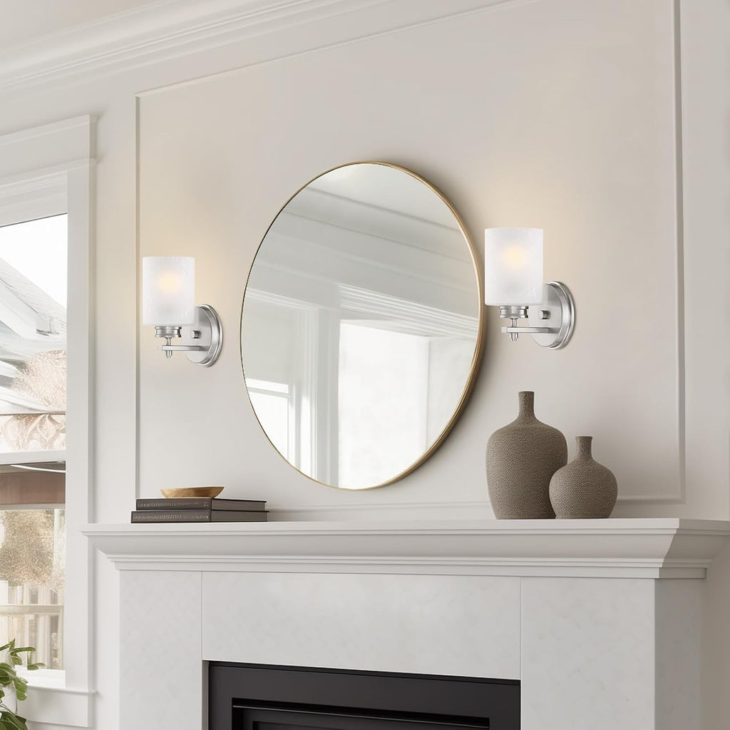 Phoebe 8" Modern Industrial Wall Sconce Vanity | Elegant Frosted Seeded Glass Cylinder Shade, Sleek Brushed Nickel