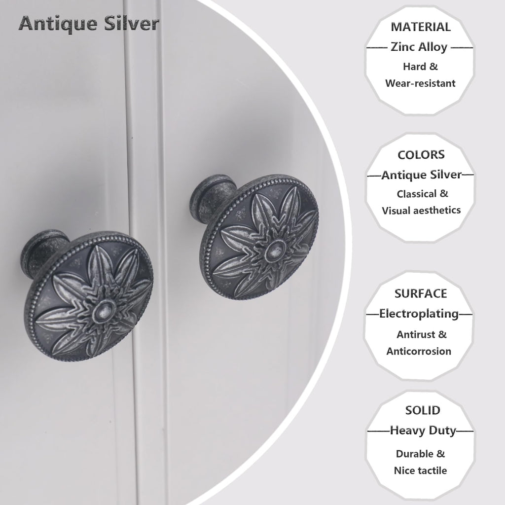 4 Pack Antique Silver Cabinet Knobs Vintage,1.4" Round Vintage Silver Kitchen Cabinet Handles for Cabinets and