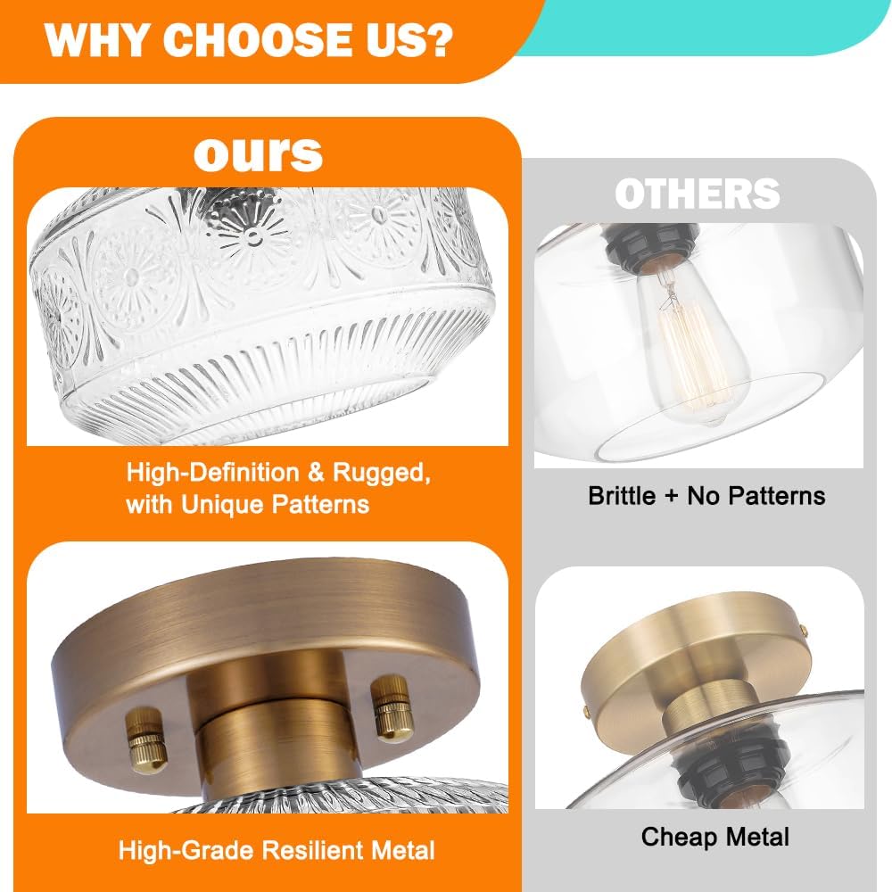 Semi Flush Mount Ceiling Light, Brass Thick Glass Fixture | Thick Glass Shade Creates Soft Warm Glow, Semi Flush