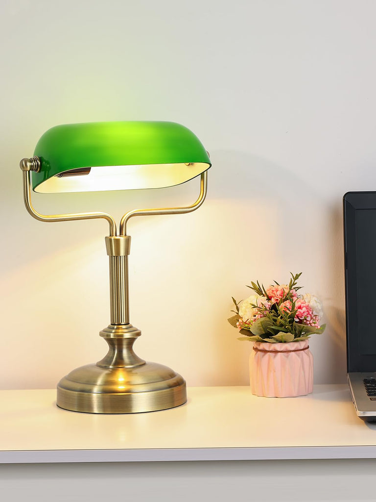 Vintage Banker Lamp, Antique Brass, Adjustable Green Shade, Touch Control