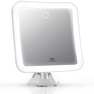 Rechargeable 10x Magnifying Mirror with 3 LED Light Settings, Dimmable Touch Light, Cordless, Locking Suction Mount