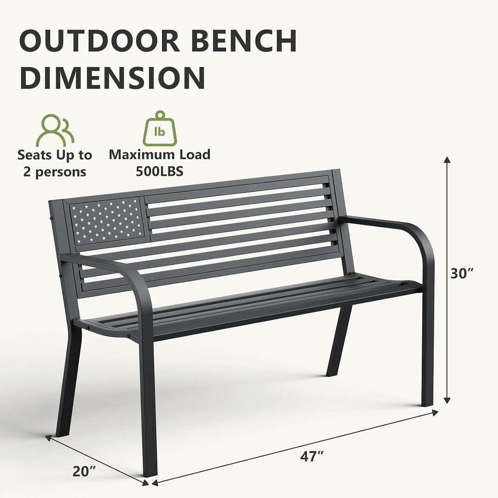 Outdoor Bench, Sturdy Metal Garden Bench with Classic Stars and Stripes Design Metal Backrest, 2-Person Patio Bench