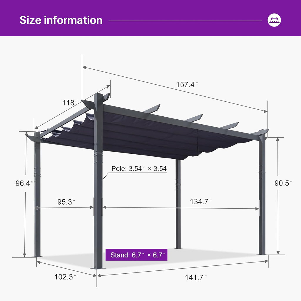 10' x 13' Aluminum Outdoor Pergola Wind-Resistant Retractable Pergola with Double Sun Shade Canopy Heavy-Duty Metal