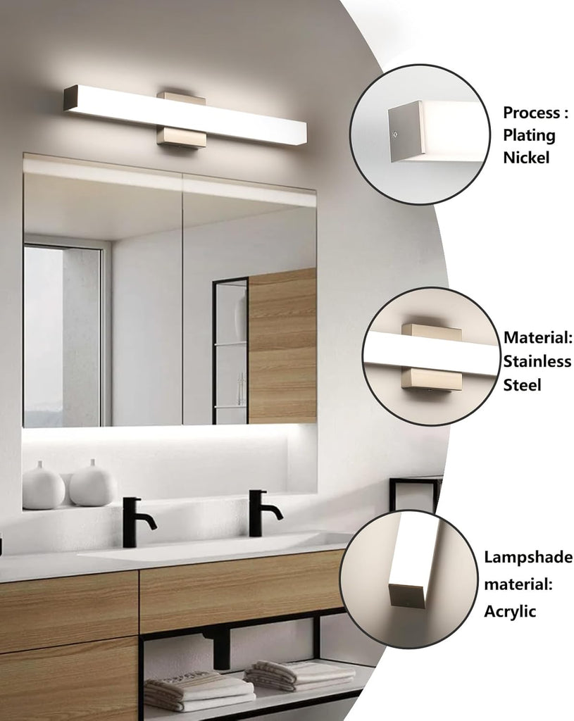 24" LED Square Vanity Light, 14W 4000K Dimmable, Brushed Nickel | Wall Bar Light, Rust & Moisture Resistant, Natural