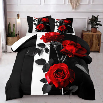 Rose Comforter Set Black Red Bedding Set Striped Floral Bedding for Women Aesthetic Comforter with 2 Pillowcases