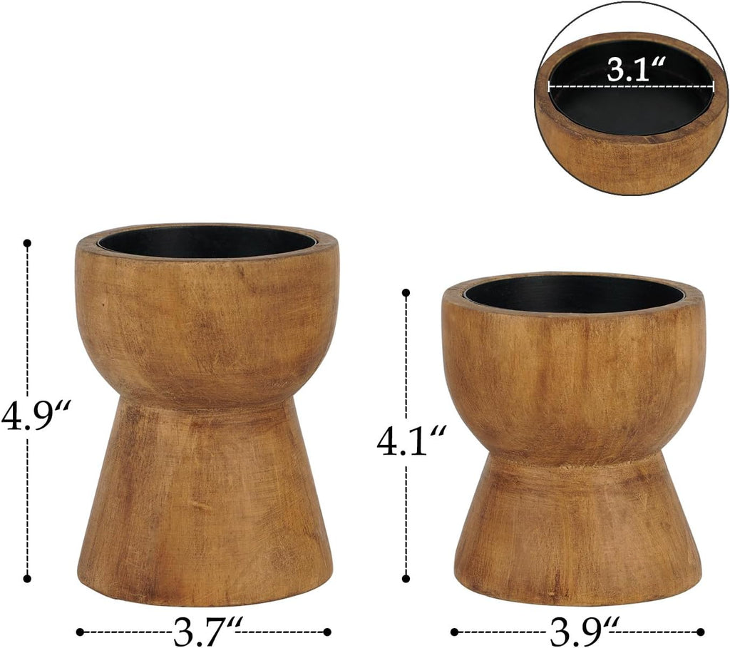 Farmhouse Wooden Pillar Candle Holders Set of 2, Mantel Decor | Rustic Brown Solid Wood Candle Pedestal, Decorative