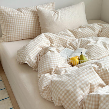 Gingham Comforter Set Beige Bedding Set and 2 Pillowcases