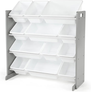 Toy Storage Organizer with 12 Removable Storage Bins for Kids Playroom, 4-Tier Toddler Toy Organization, Grey/White