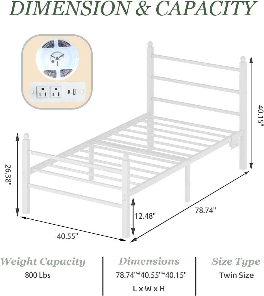 Twin Size Bed Frames with Charging Ports&LED Lights,Heavy Duty Metal Slats Support,No Box Spring Needed,Noise Free,No