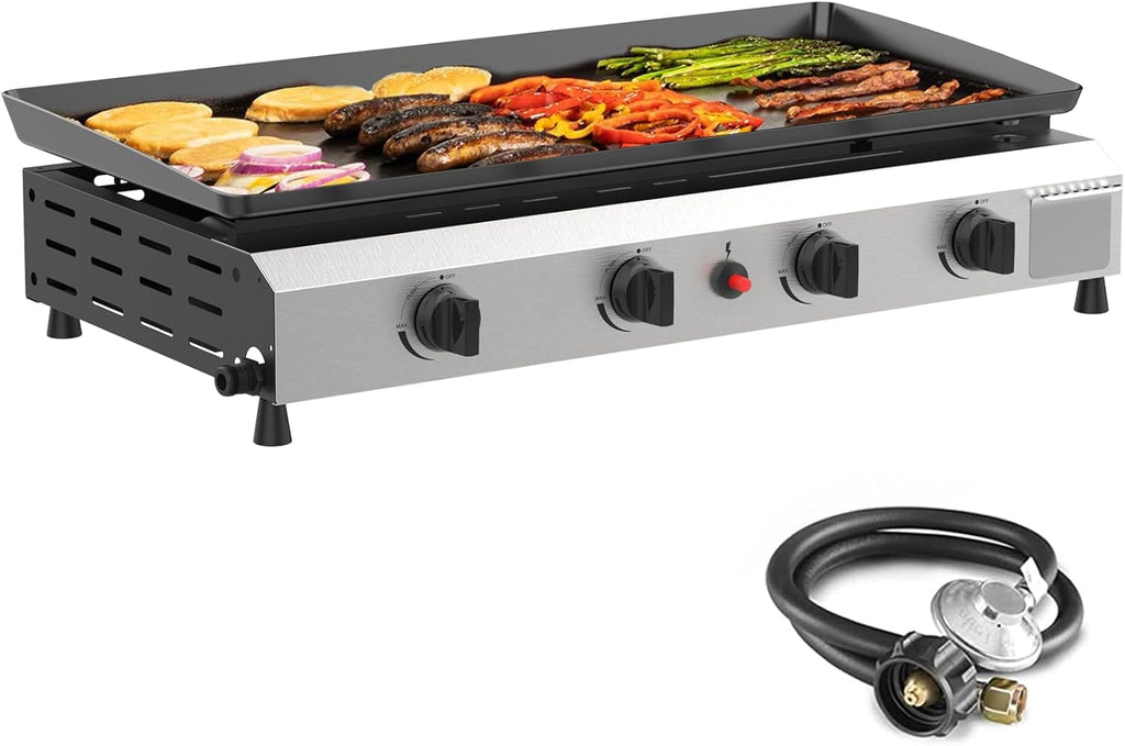 4-Burner Outdoor Propane Gas Griddle, 30-Inch Flat Top Grill, 40,000 BTU Portable Camping Griddle Station