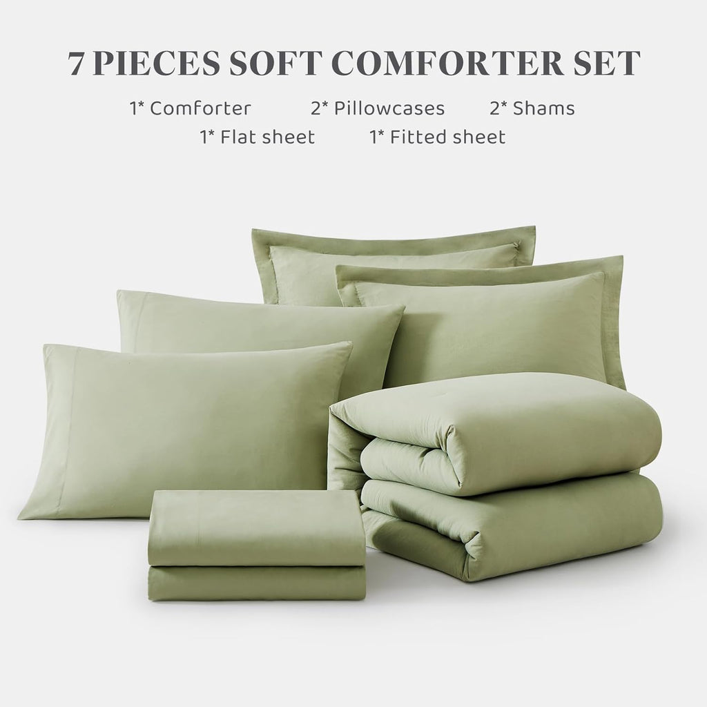 Comforter Set - 7 Pieces Sage Green Soft Bed in a Bag with Fitted Sheet, Flat Sheet, 2 Pillow Shams