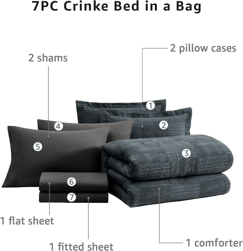 Comforter Set Blue Grey, Textured Design Crinkle Bedding Sets 7 Pieces