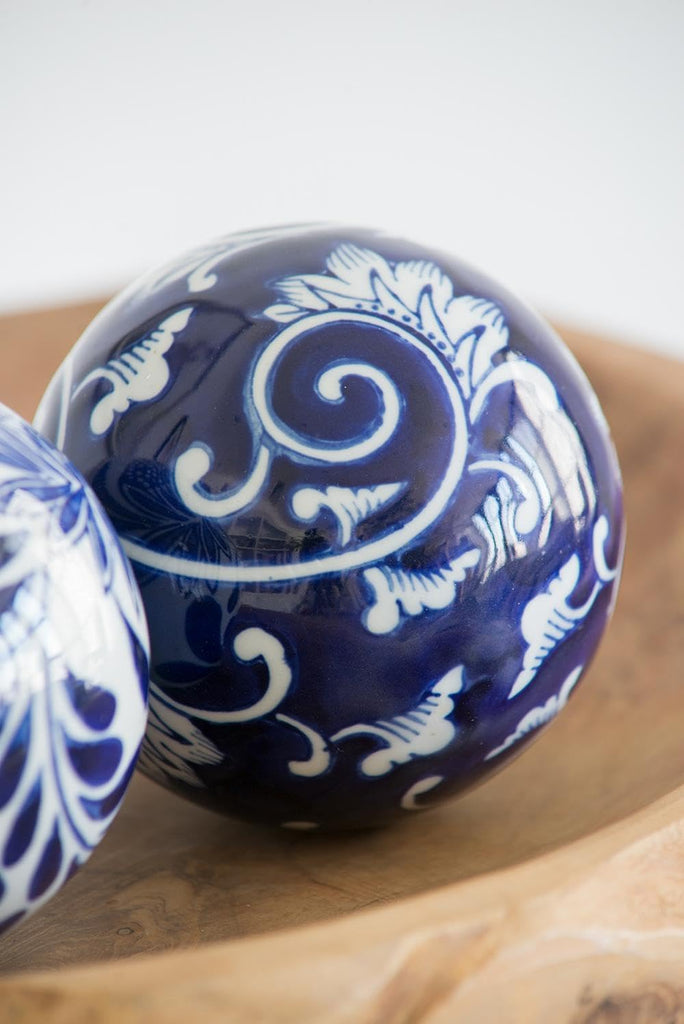 Set of 4 Porcelain Decorative Spheres - Handcrafted Blue and White Floral Orbs Decor, Tabletop Accent, Shelf Display