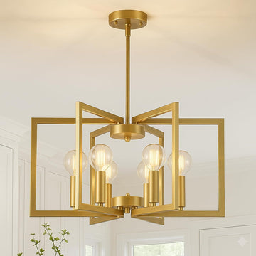 Modern Gold Chandelier 6 Light Height Adjustable Geometric Metal Farmhouse Hanging Light Fixture for Dining Room Over