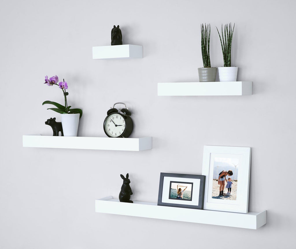 Modern Ledge Wall Shelves, Set of 4 Wood Floating Shelves , White