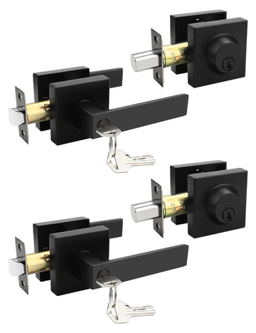 Square Keyed Alike Front/Exterior Door Levers with Single Cylinder Deadbolt, Flat Black Entry Door Knob Lock Sets