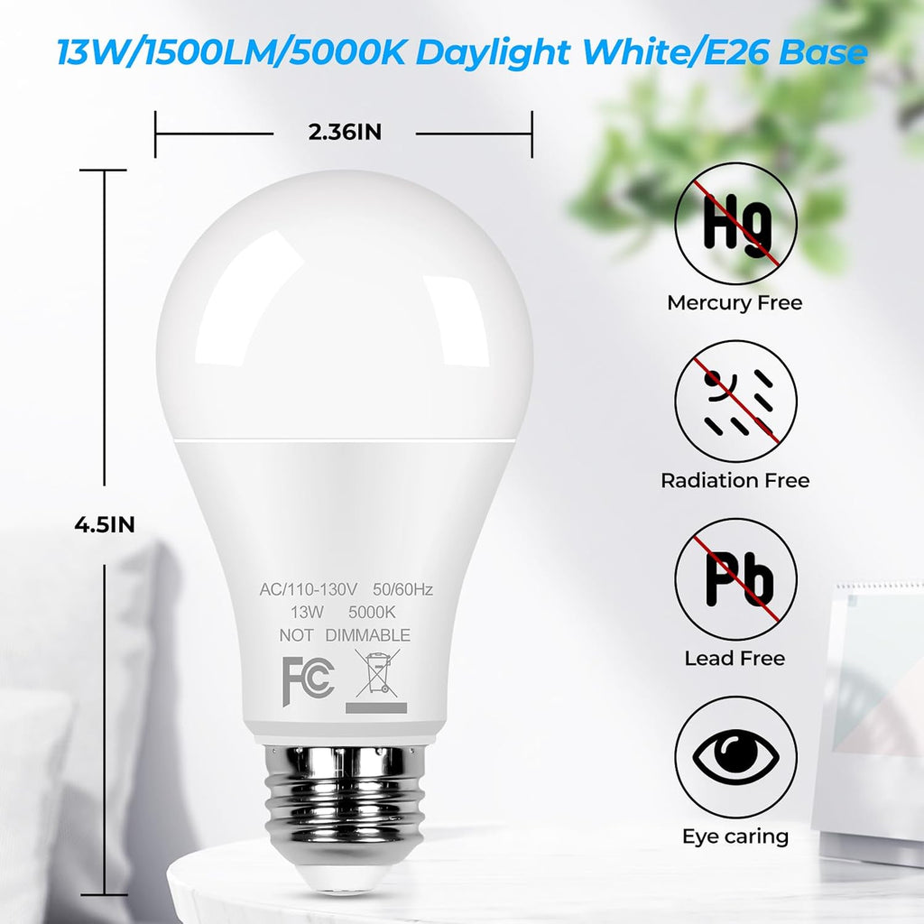 12-Pack A19 LED Light Bulbs 100W Equivalent Bulbs, Super Bright 1500 Lumens 13W 5000K Daylight White Bulbs with Standard E26 Medium Base, CRI85+, No Flicker Non-Dimmable Energy Saving Bulbs for Lamp