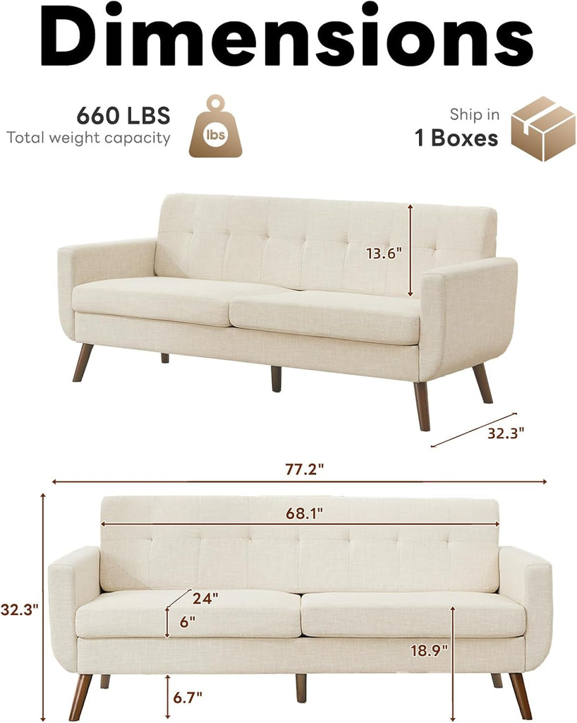 77.2" W Linen Sofa Couch, Mid Century Modern Decor Loveseat Couches for Living Room