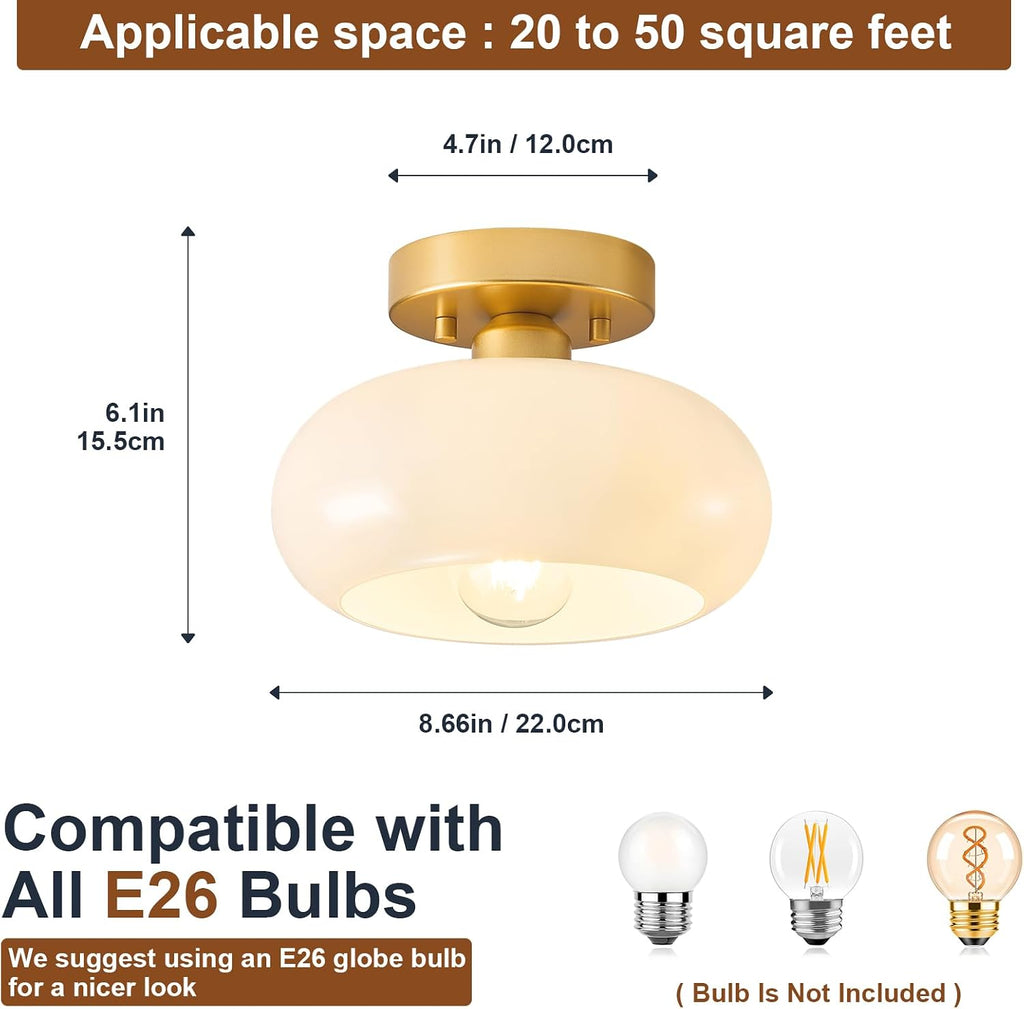 Mid-Century Modern Gold Semi Flush Ceiling Light 8.66 Inch | Mini White Glass Shade Close to Ceiling Lighting Fixture