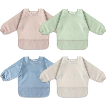 4 Pack Long Sleeve Bib, Reusable Bib with Catch-all Pocket, Waterproof Sleeved Smock for 6-30 Months Baby Boy or Girl